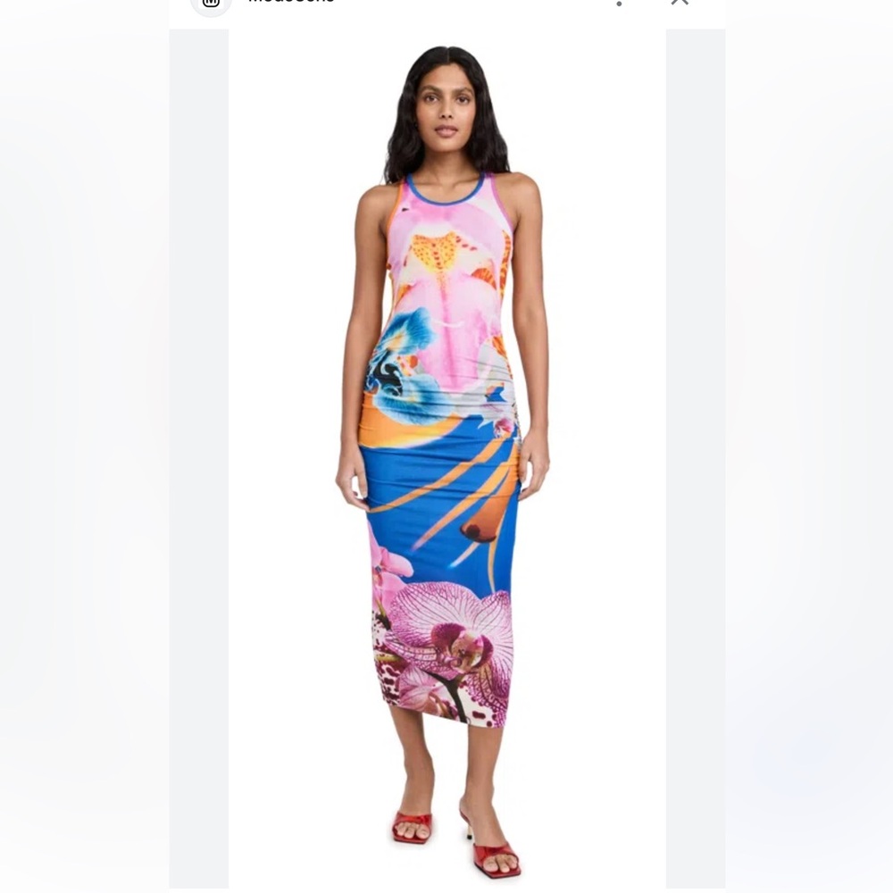 Floral Tropical Print Midi Dress in Blue & Pink